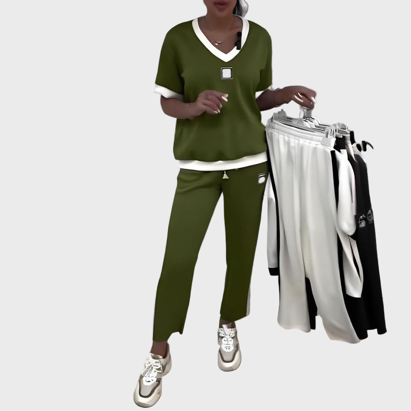 Women's Casual Set with Top and Pants with V-Neck