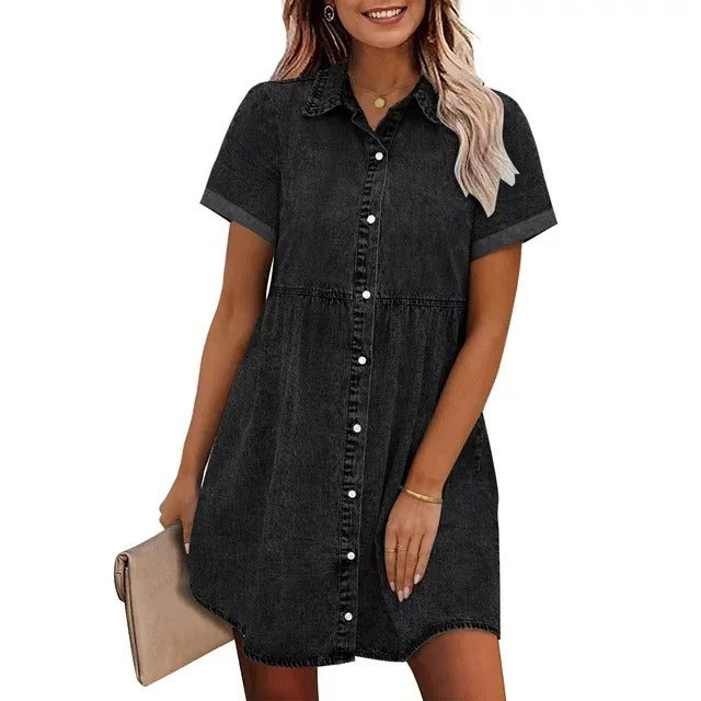 European And American Washed Denim Lapel Ruffled Dress
