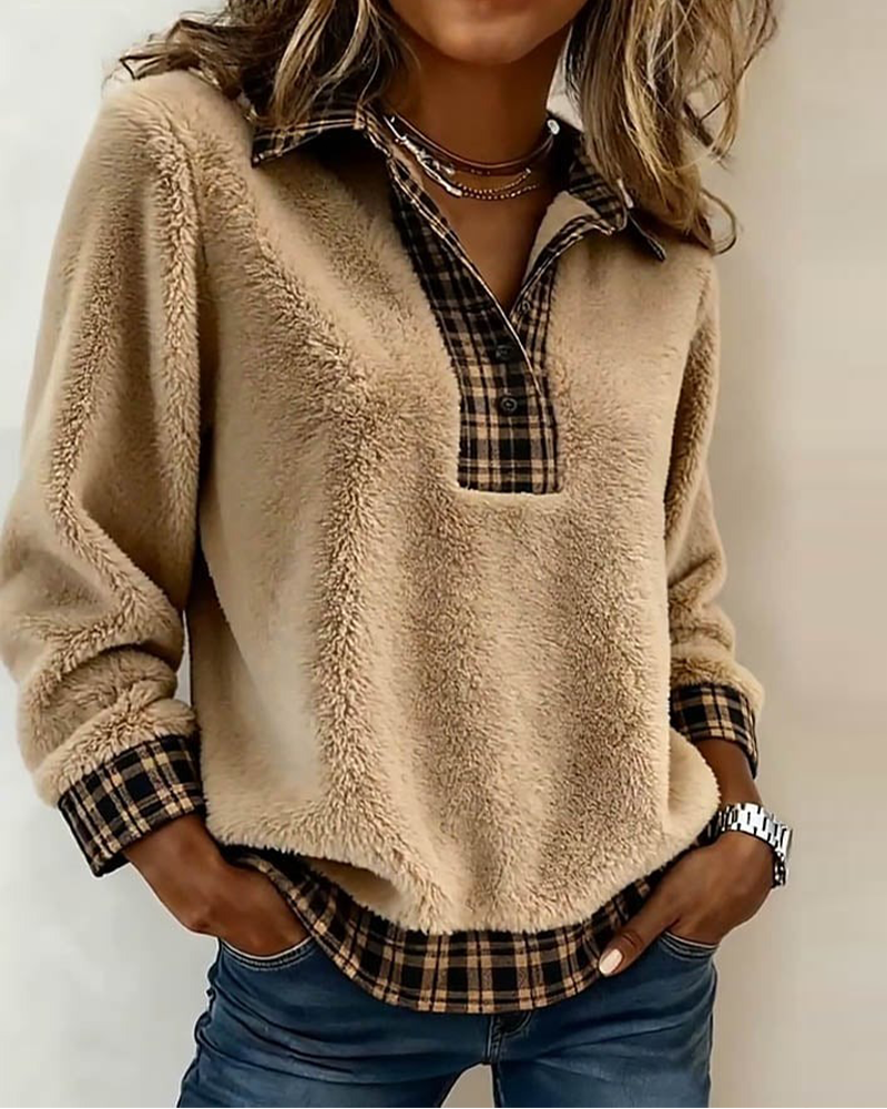 Top with Checkered Collar and Solid Patchwork