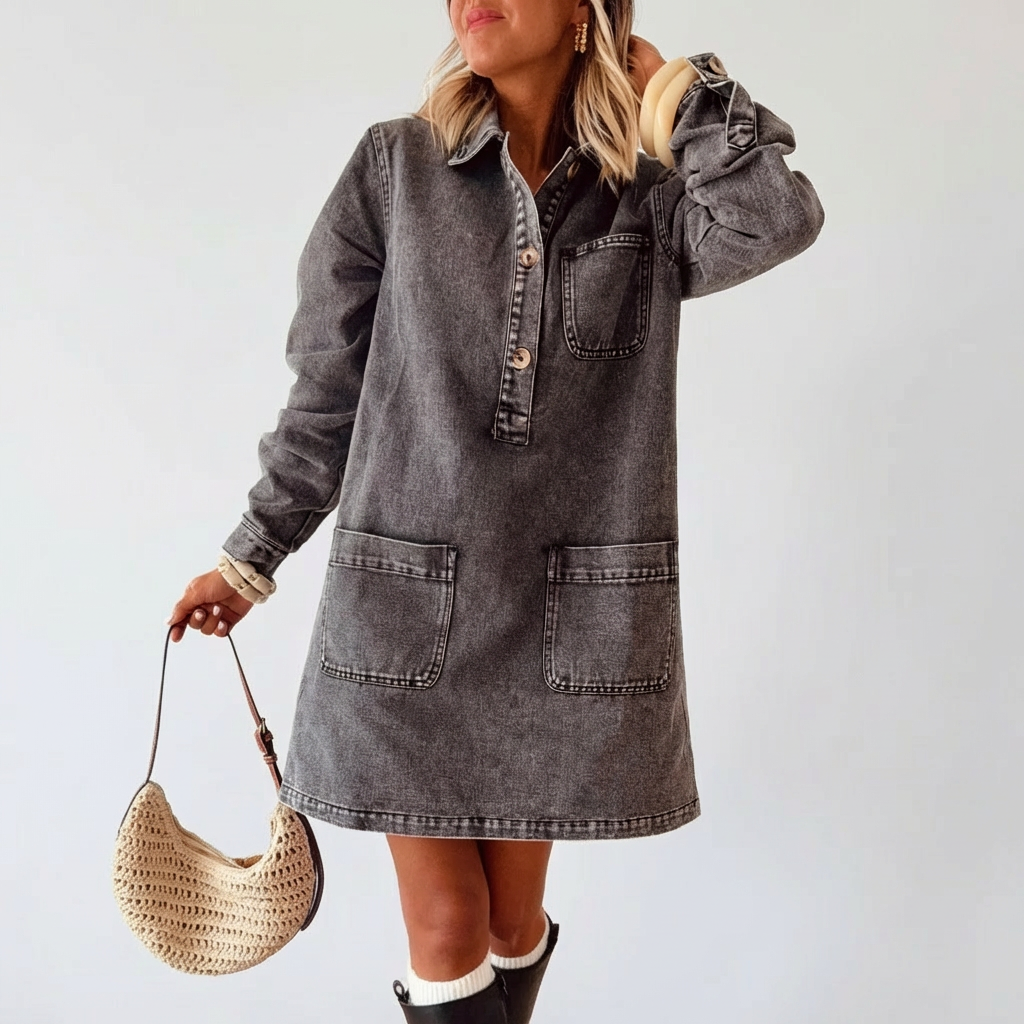 Lina - Leopard Print Denim Corduroy Shirt Dress