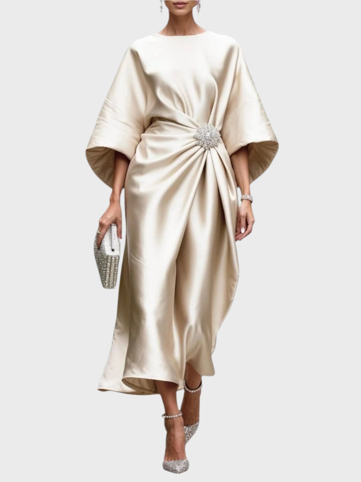 Satin Dress with Side Pleating and Decorative Buckle