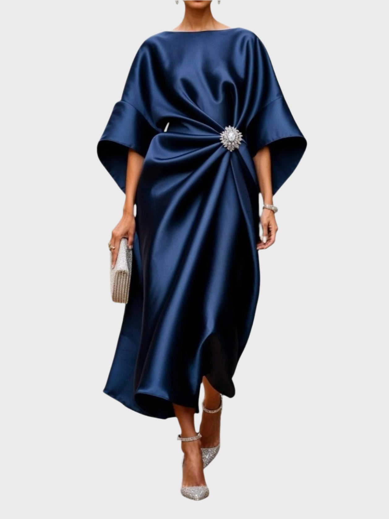 Satin Dress with Side Pleating and Decorative Buckle