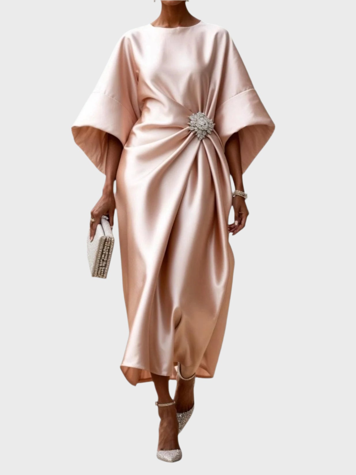 Satin Dress with Side Pleating and Decorative Buckle