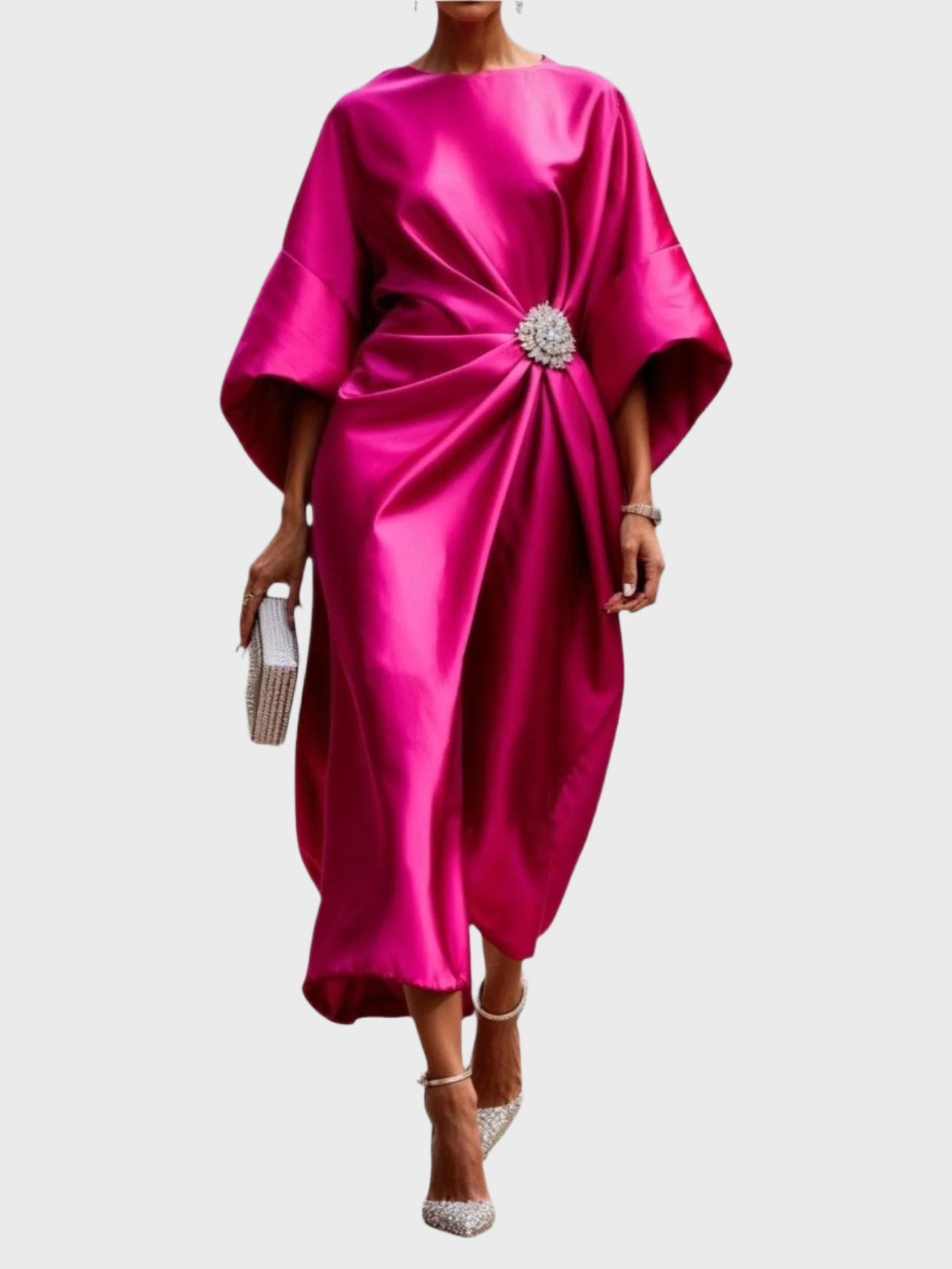 Satin Dress with Side Pleating and Decorative Buckle