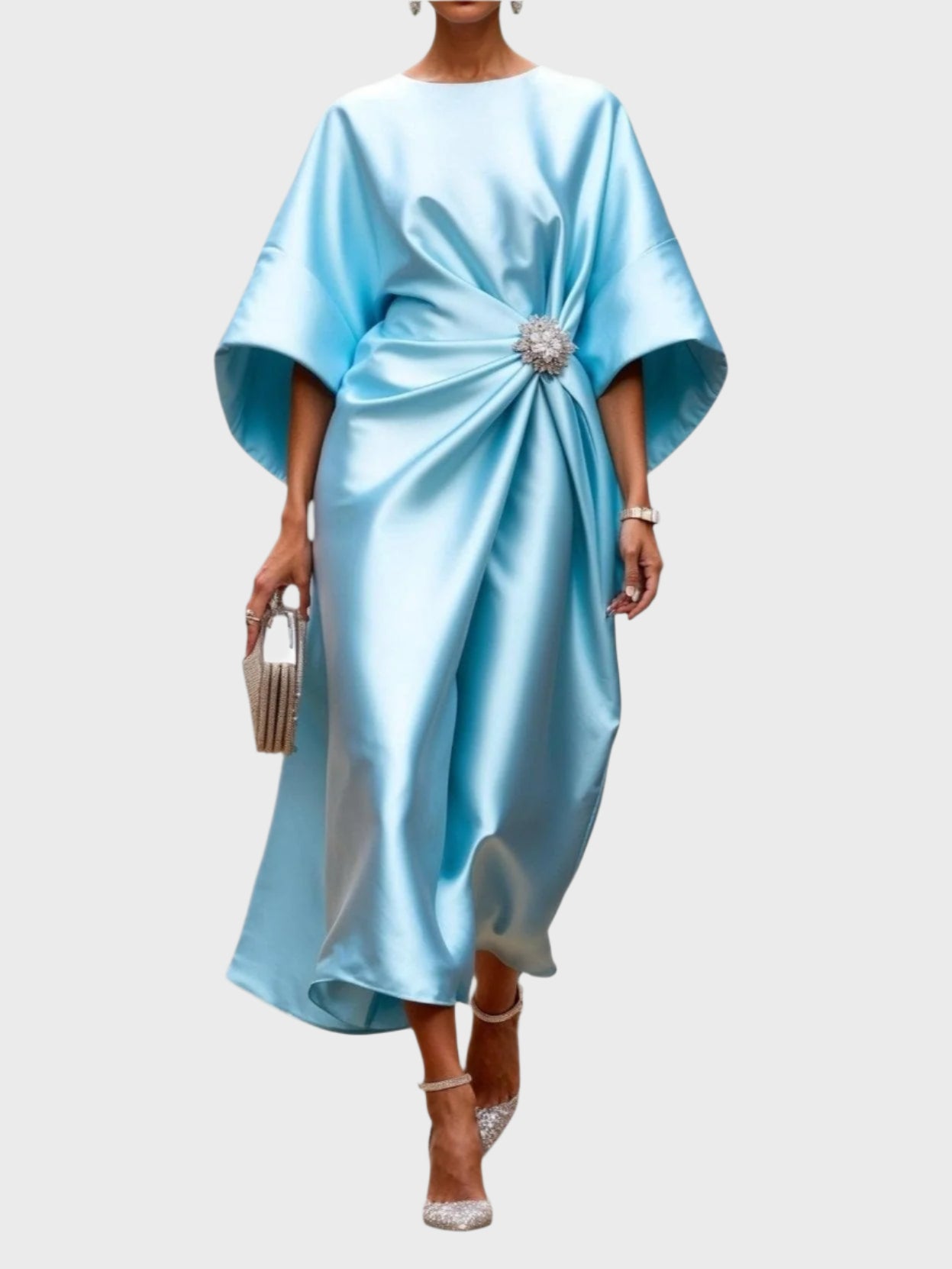 Satin Dress with Side Pleating and Decorative Buckle