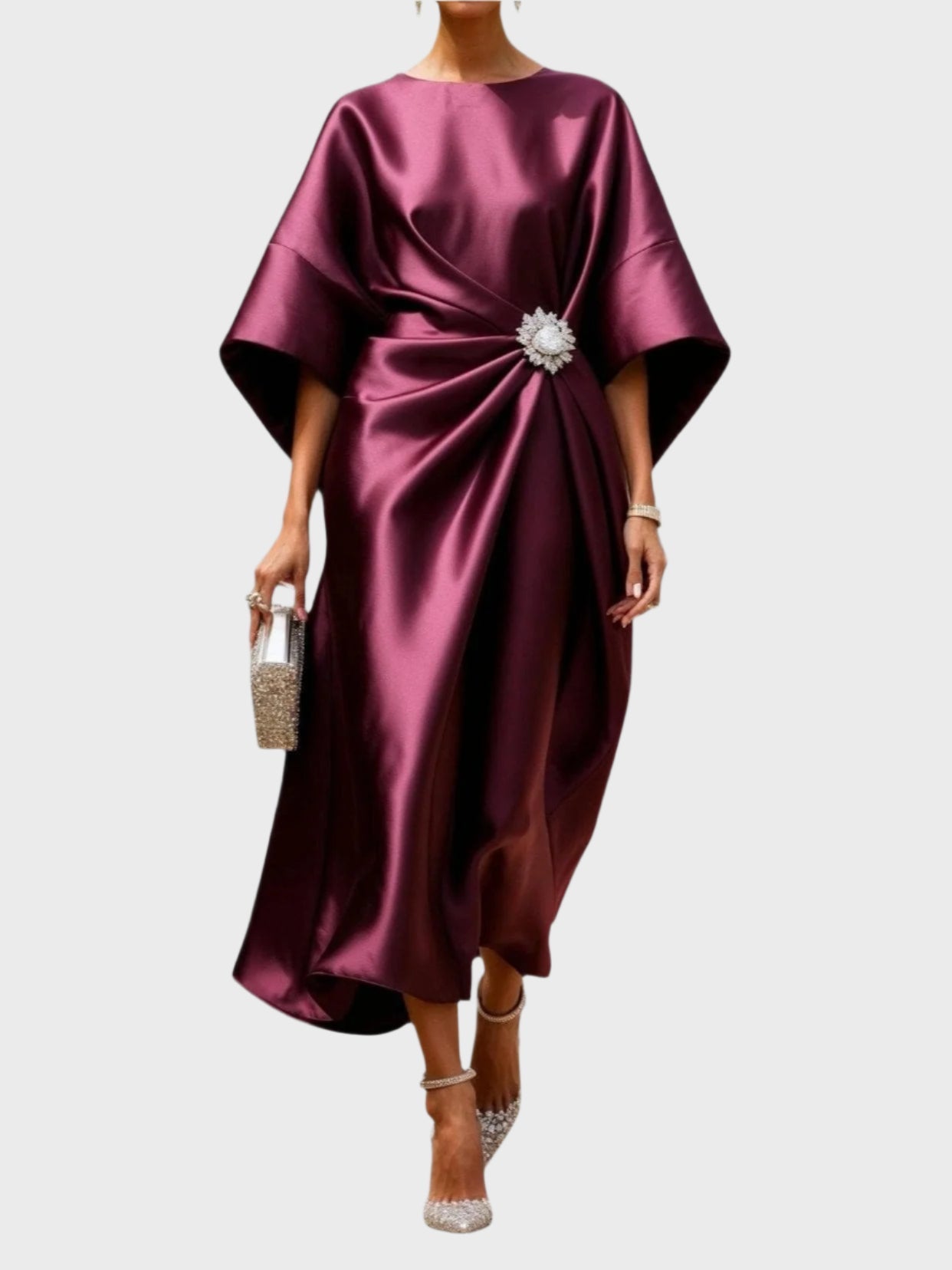 Satin Dress with Side Pleating and Decorative Buckle