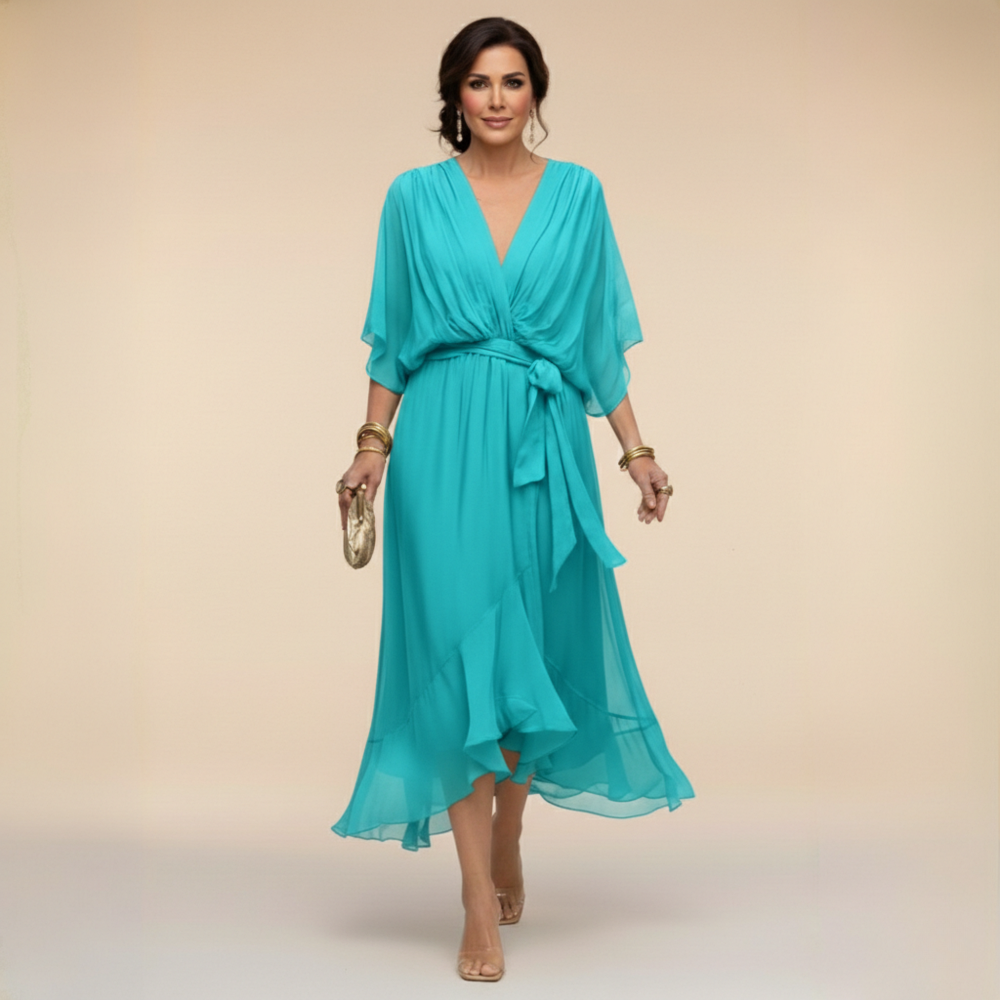 Celeste - Flowy Kimono Sleeve Wrap Midi Dress