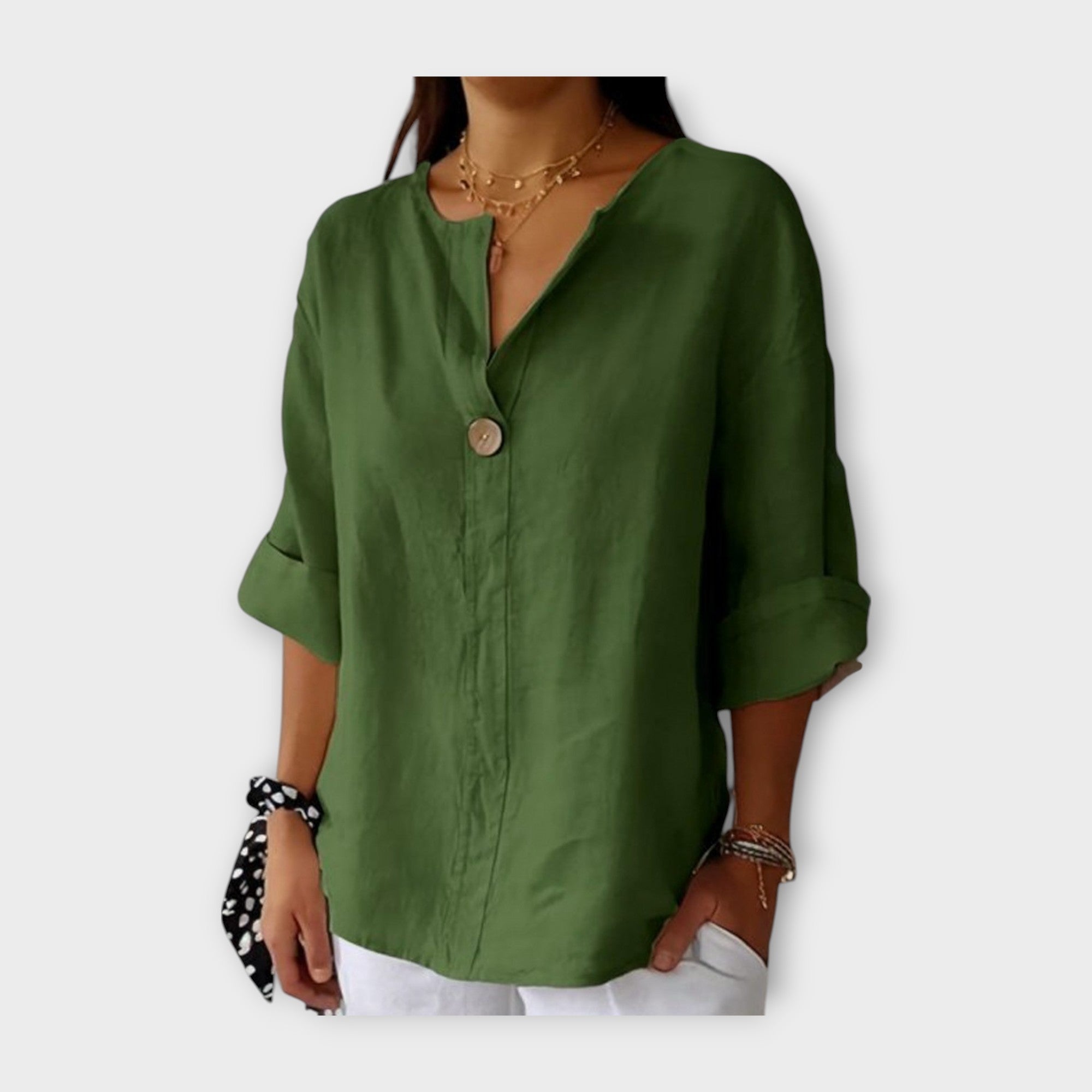 Linen Blouse with Button and V-Neck
