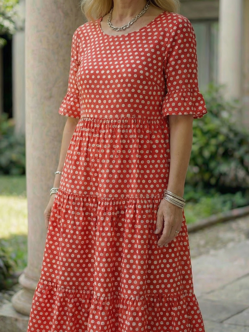 Arlo | Rochie Midi Cu Puncte, Stratificată, Mâneci Scurte