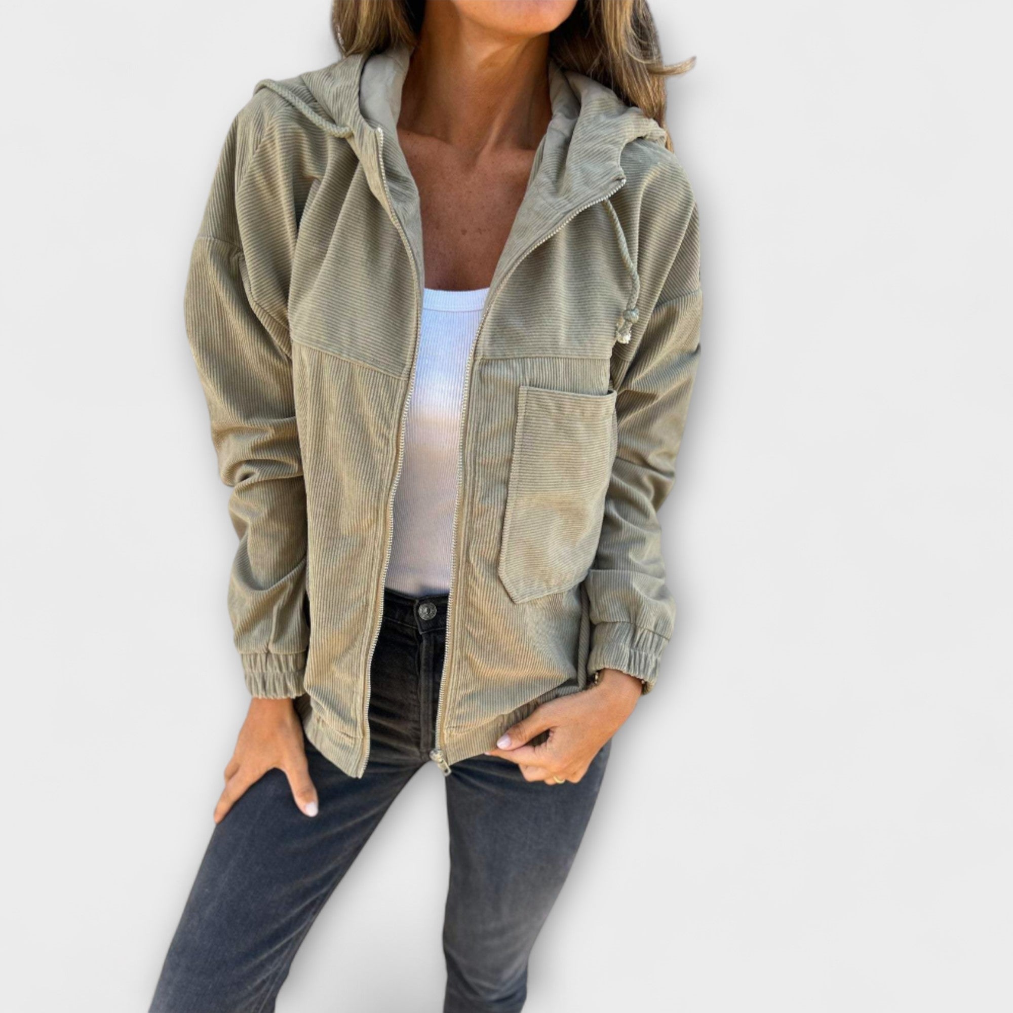 Ella - Hooded form made of embroidered fabric with a zipper