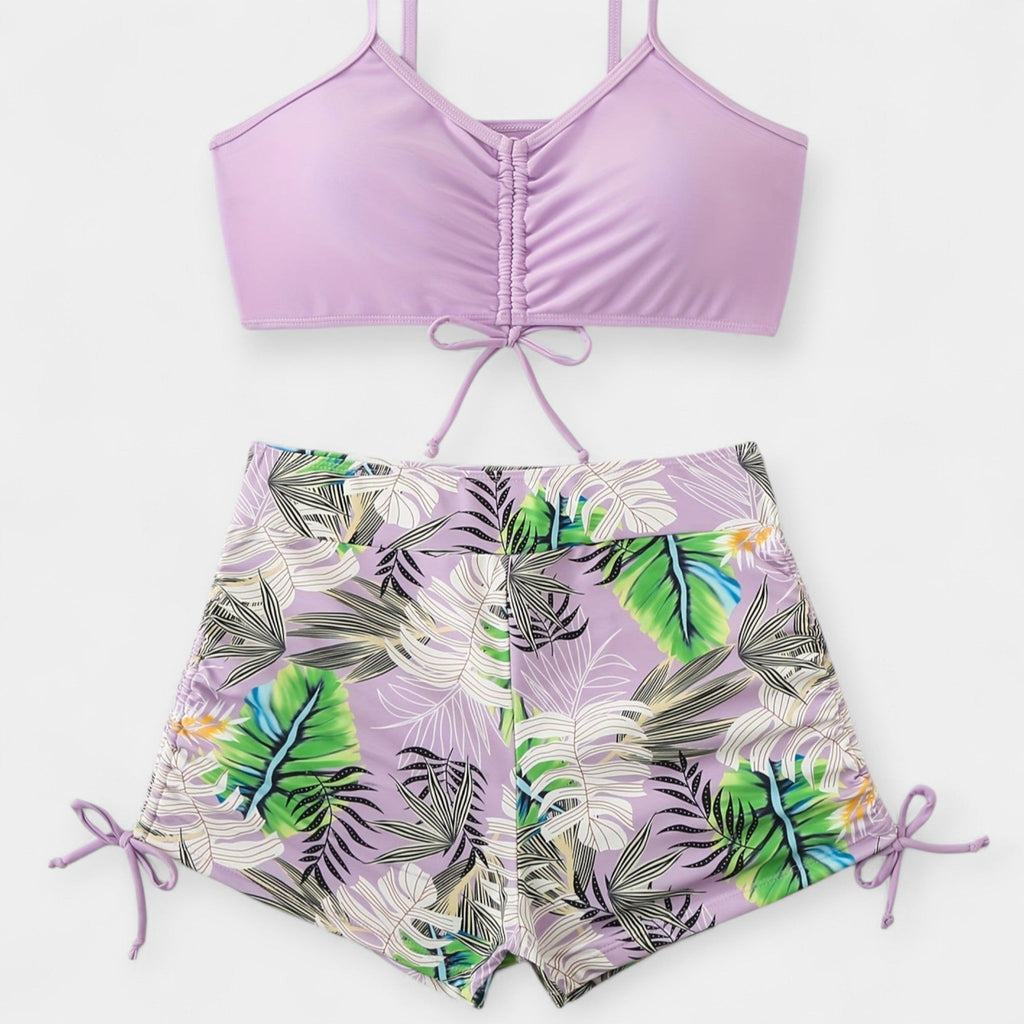 High-Waisted Bikini with Tropical Pattern and Straps