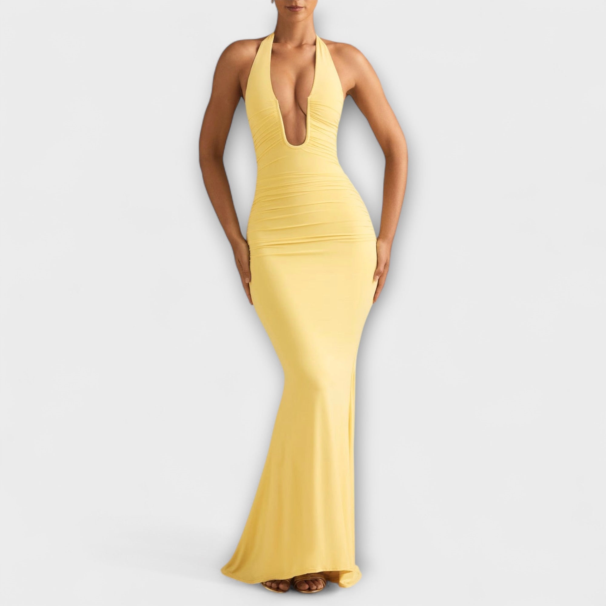 Elegant gala dress with an open back and impressive neckline