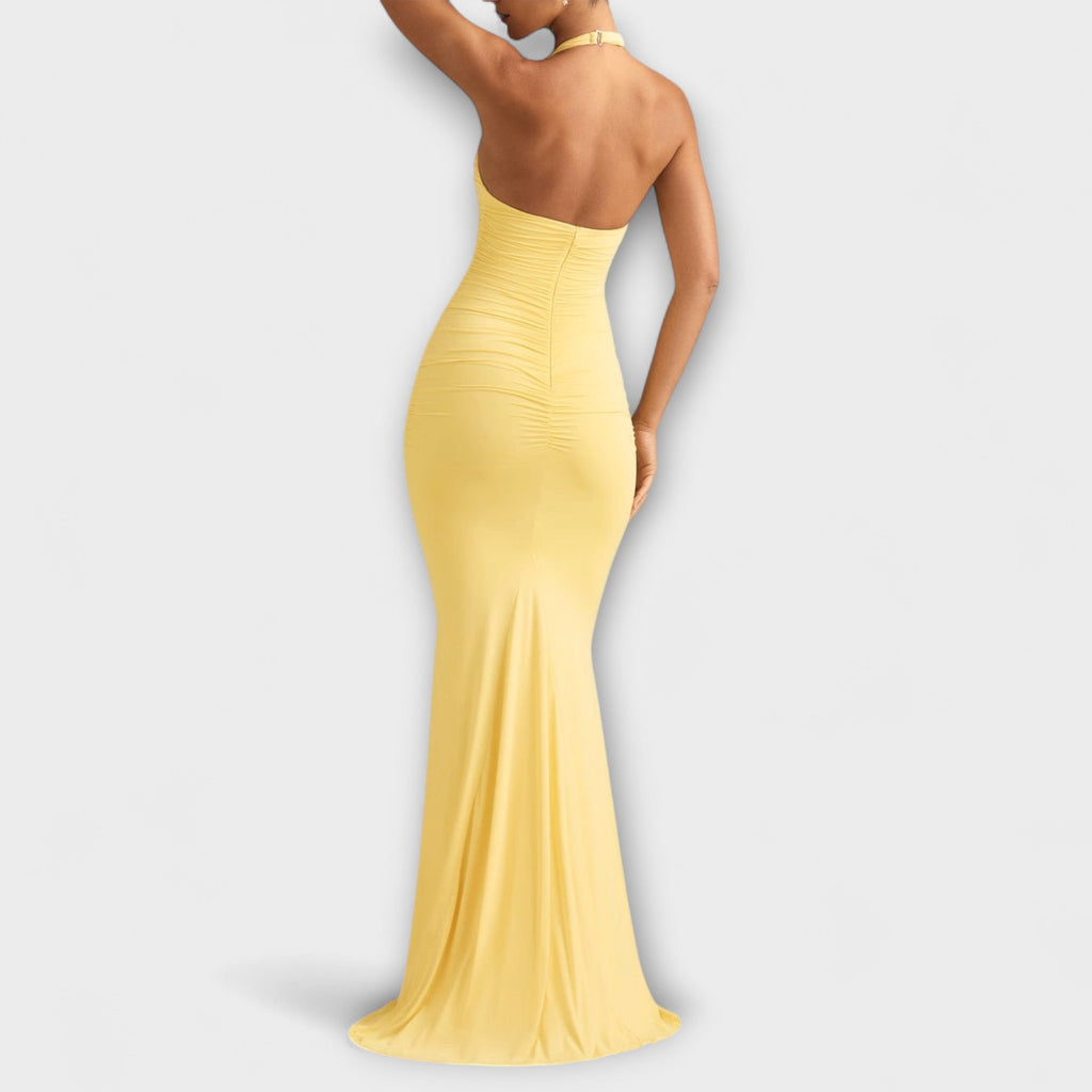 Elegant gala dress with an open back and impressive neckline
