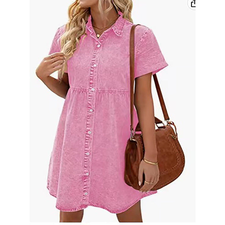 European And American Washed Denim Lapel Ruffled Dress