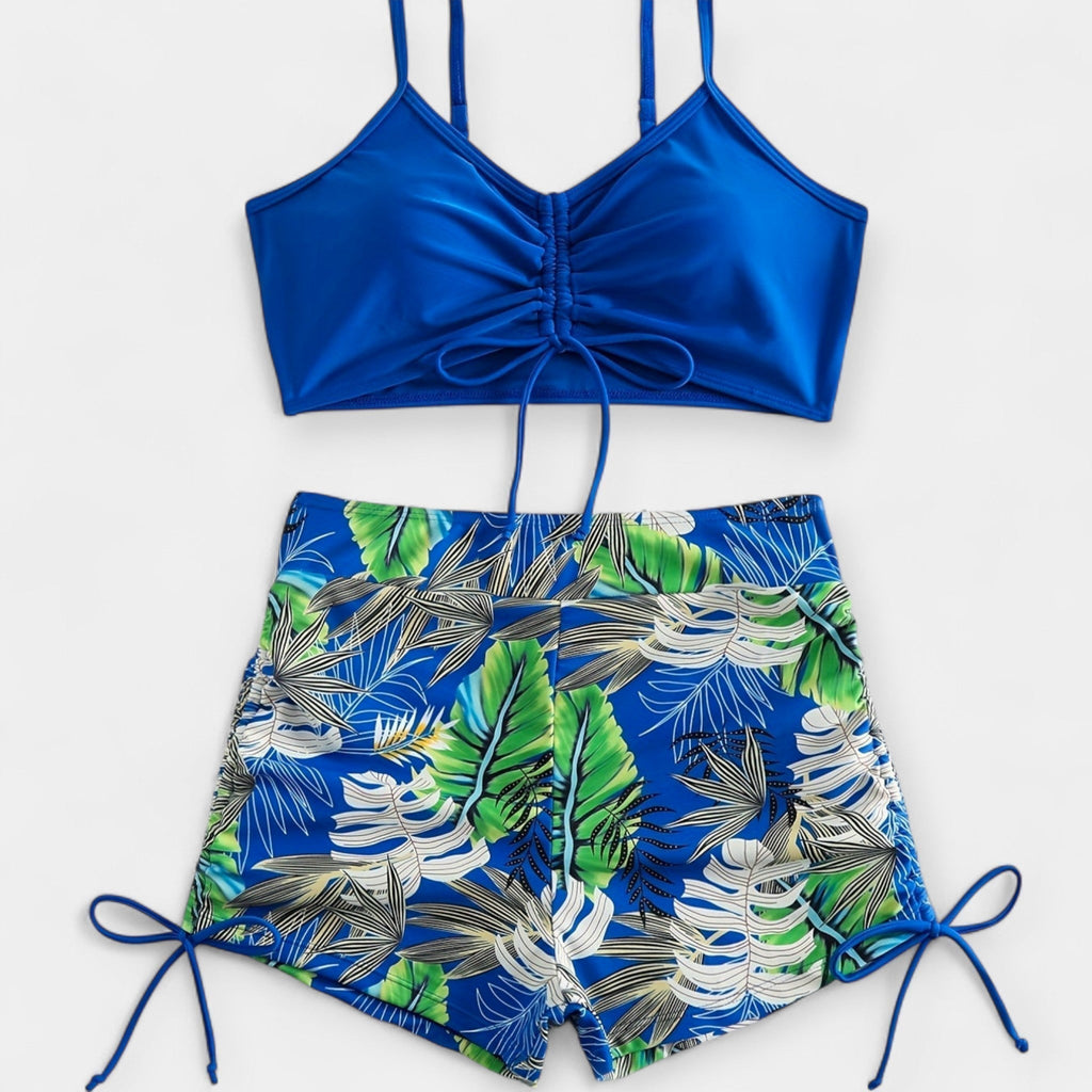High-Waisted Bikini with Tropical Pattern and Straps