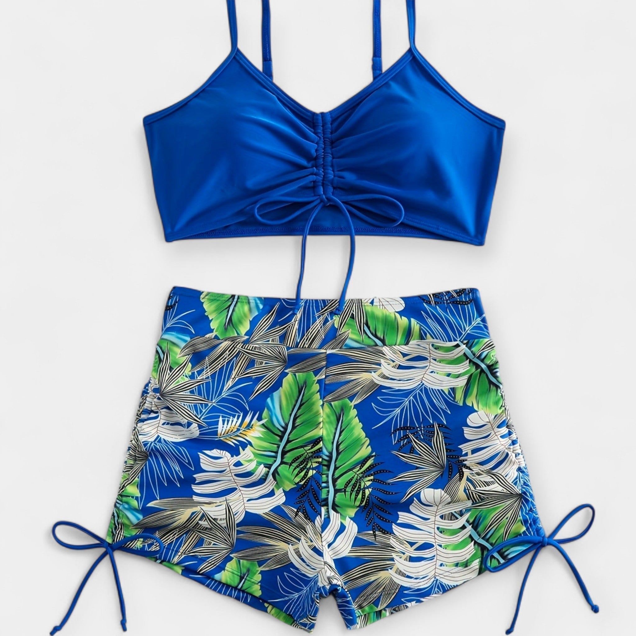 High-Waisted Bikini with Tropical Pattern and Straps