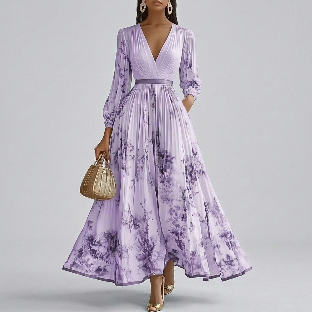 Flora - Floral Print Long Sleeve V-Neck Maxi Dress