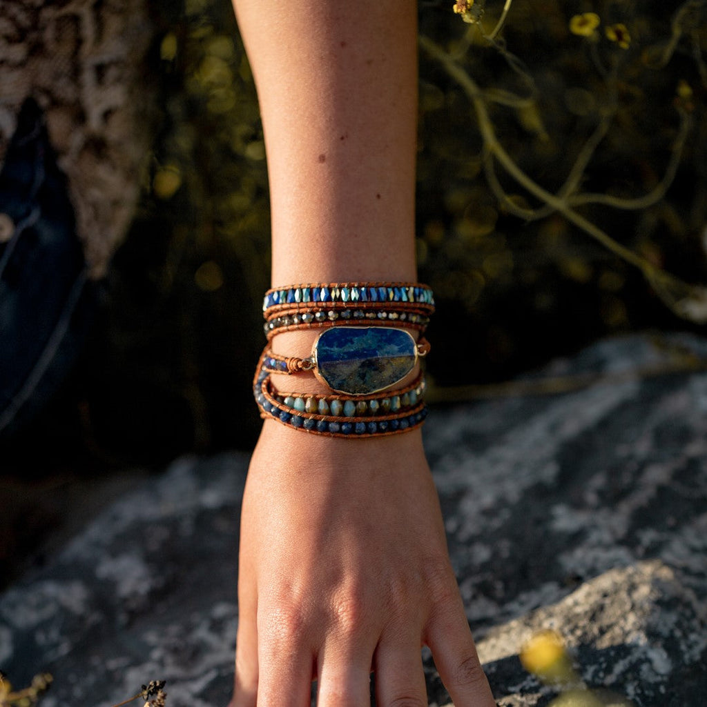Wrap Bracelet Leather - Lapis Lazuli & Sodalite - Rough Cut - Wisdom