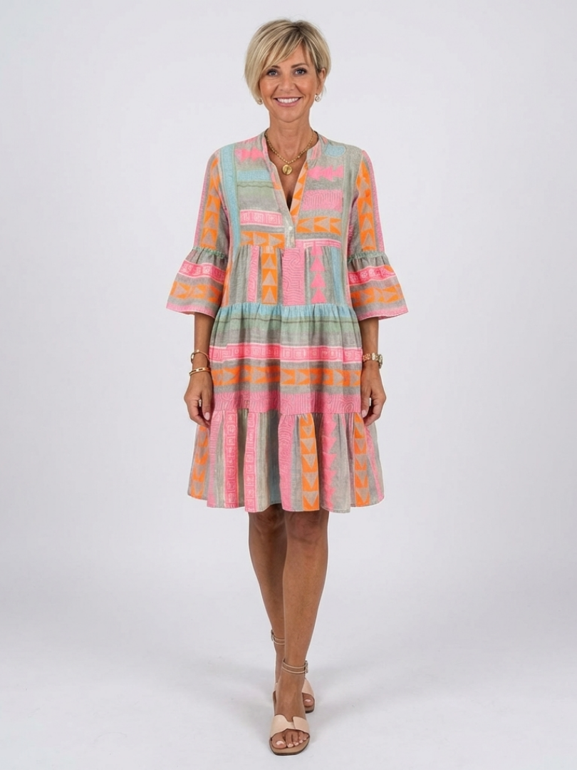 Maelle | Geometric Print V-Neck Knee-Length Dress