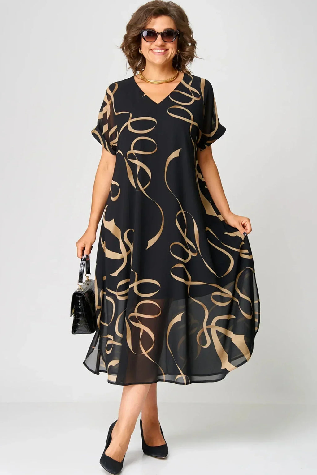 Light Dress with Linear Patterns and V-Neck