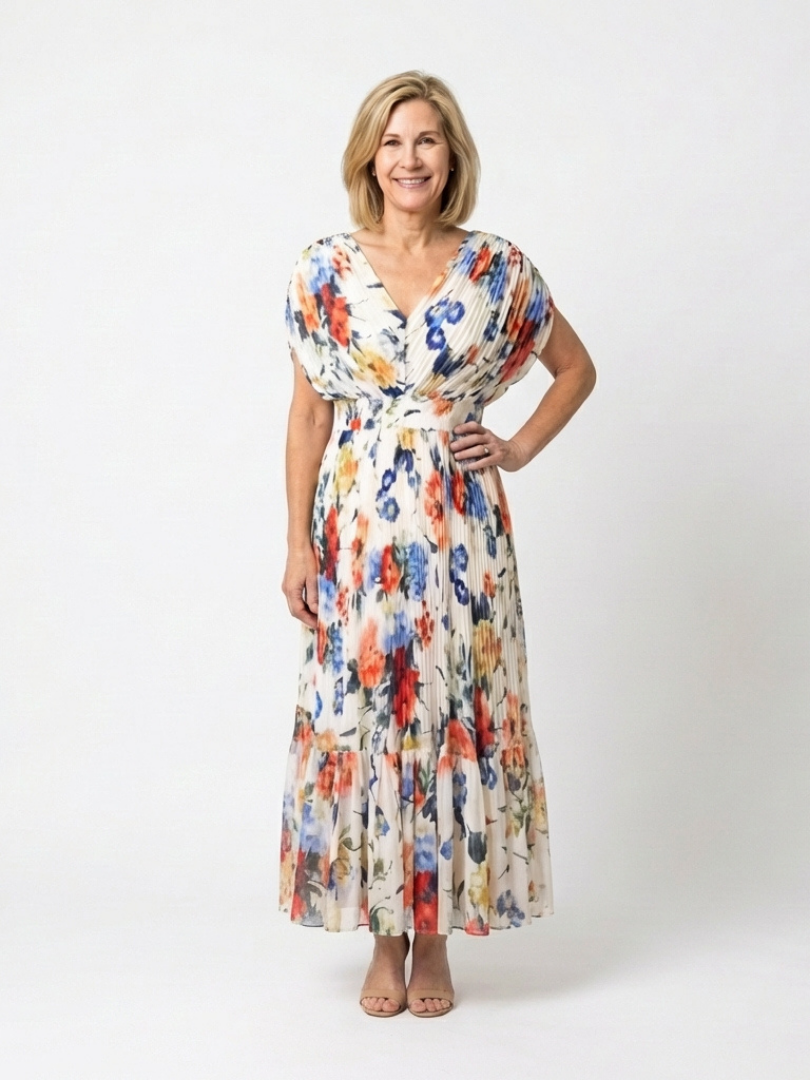 Savannah | Floral Pleated Short Sleeve Midi Dress