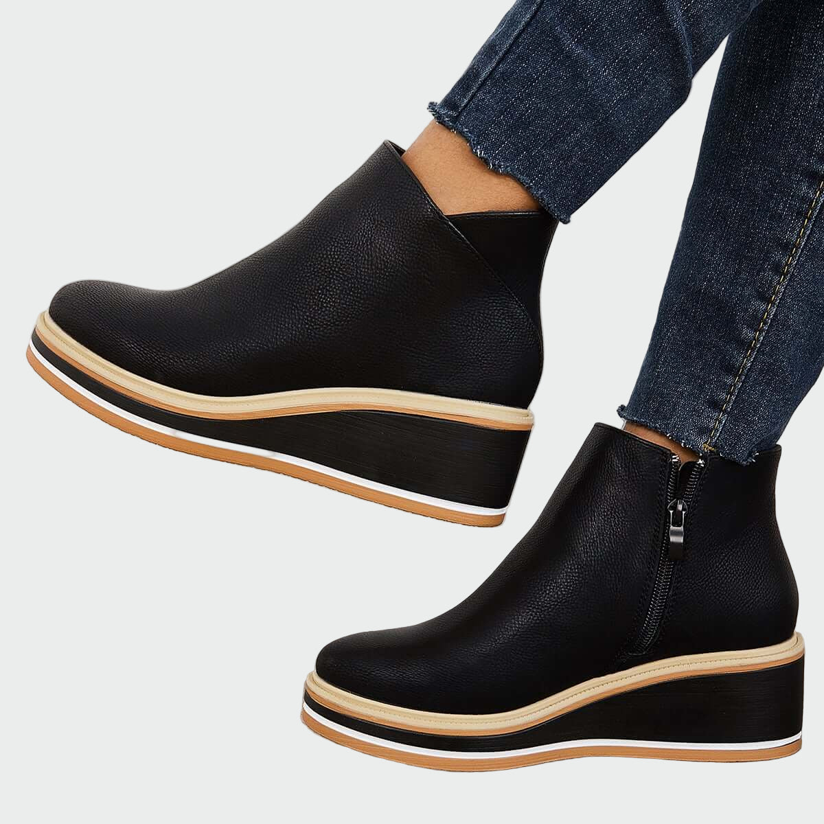 Rebeca | Black Orthopedic Leather Ankle Boots with Wedge