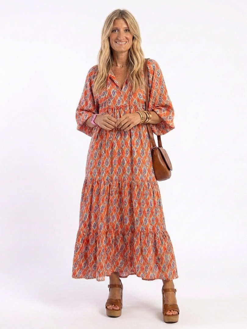 Amara | Geometric Print V-Neck Midi Dress