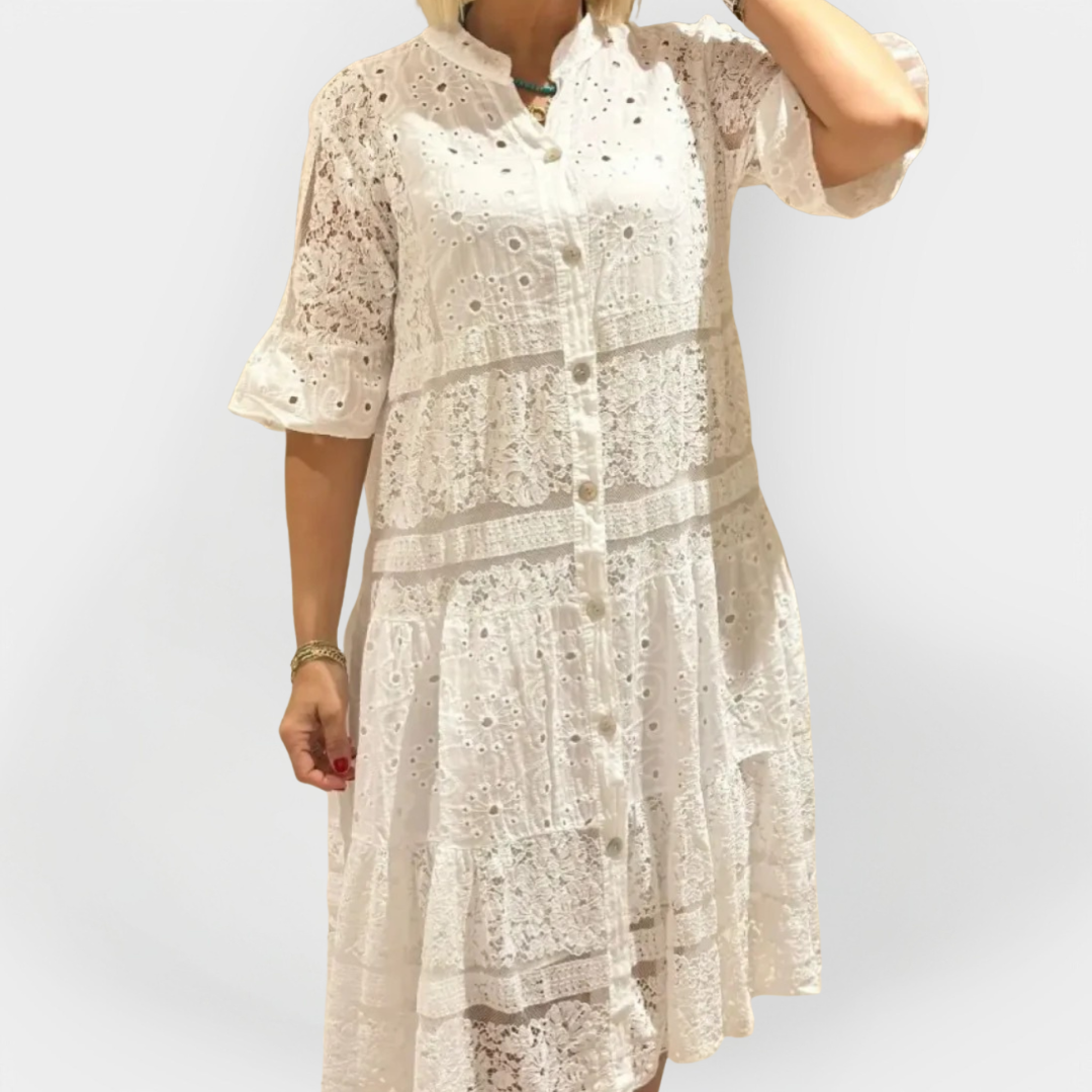 Dress with Lace, Sleeves, and Front Buttons