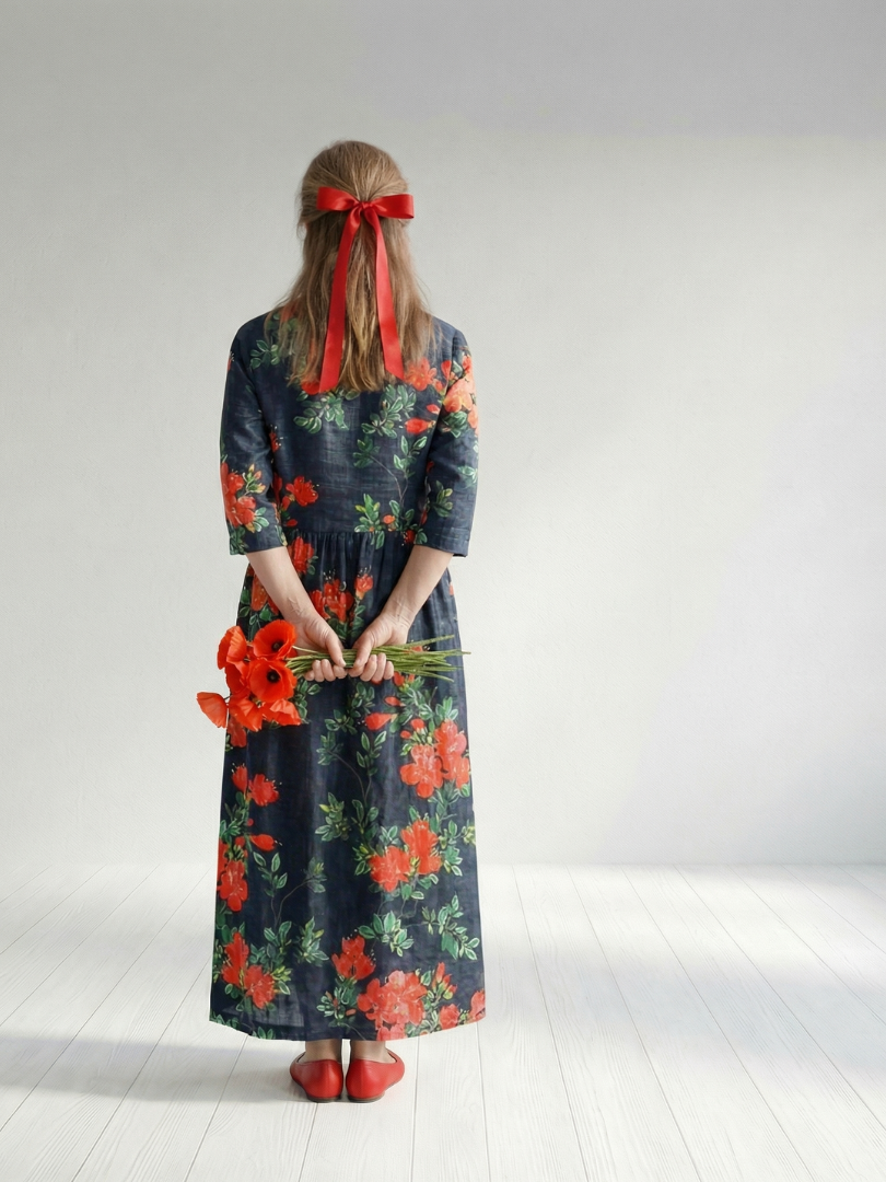 Cyrus | Rochie Midi Floral cu Drapare Calmă
