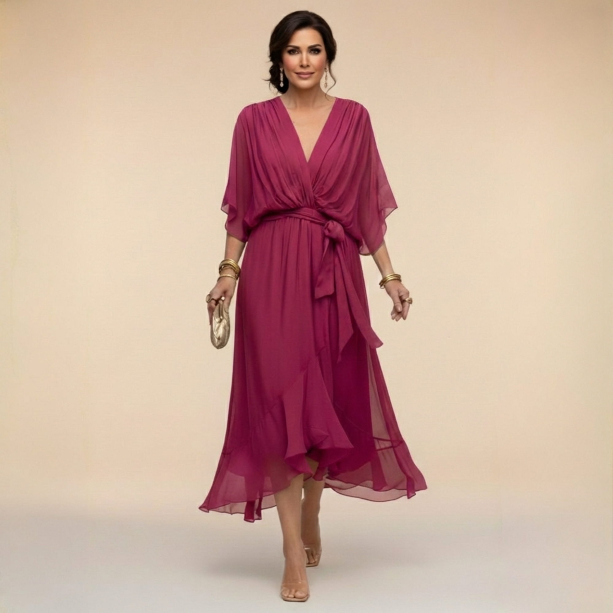 Celeste - Flowy Kimono Sleeve Wrap Midi Dress