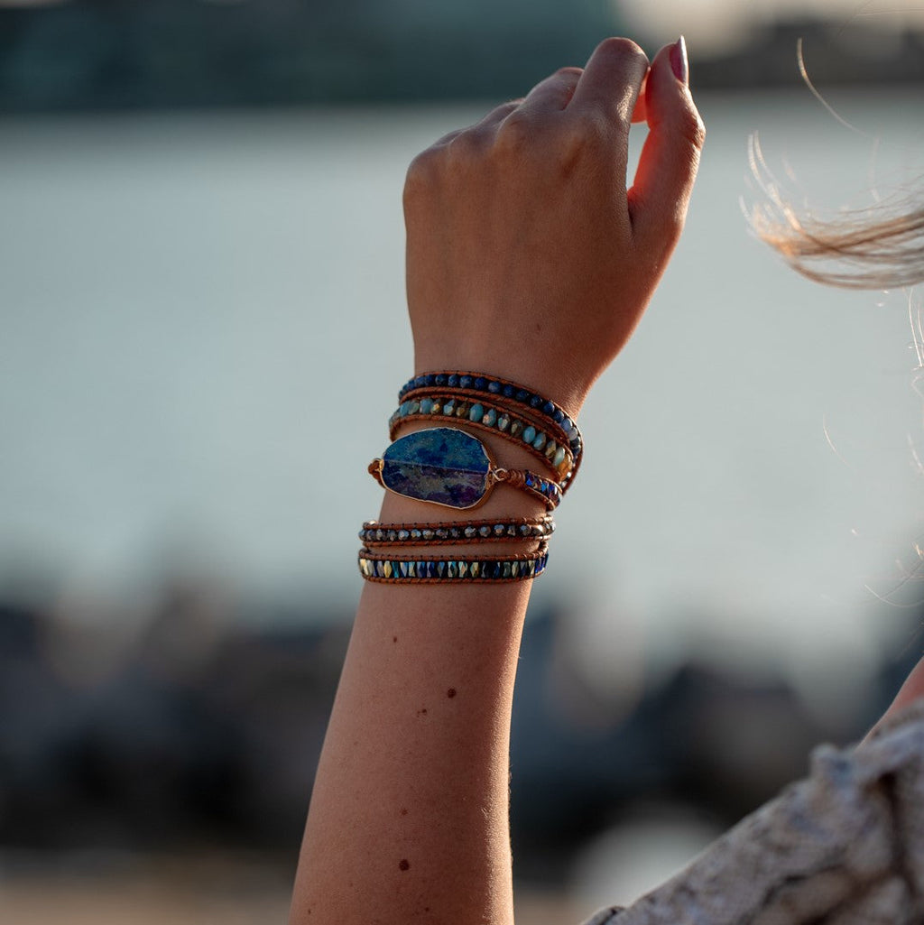 Wrap Bracelet Leather - Lapis Lazuli & Sodalite - Rough Cut - Wisdom