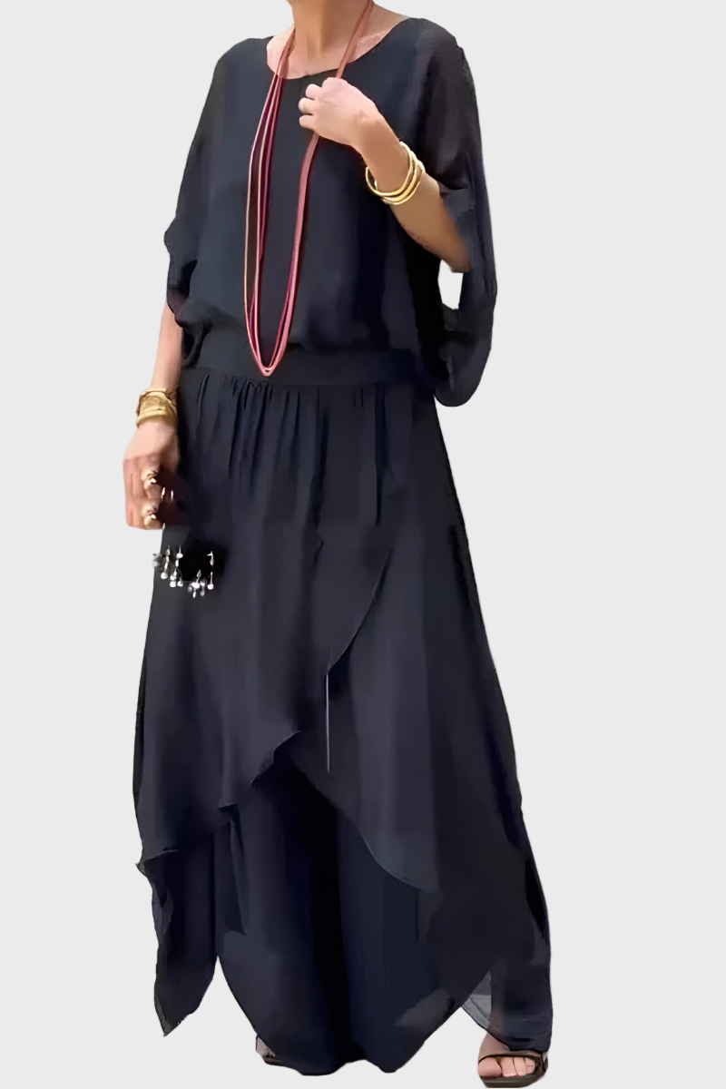 Wide Top and Ripped Pants – Two-Piece Chiffon Skirt