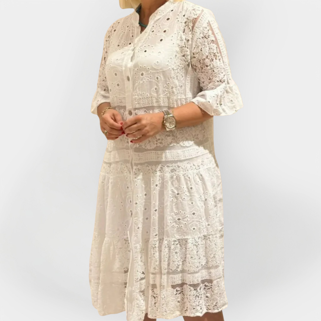 Dress with Lace, Sleeves, and Front Buttons
