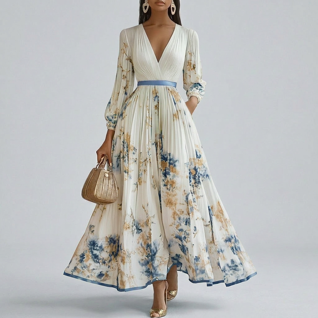 Flora - Floral Print Long Sleeve V-Neck Maxi Dress