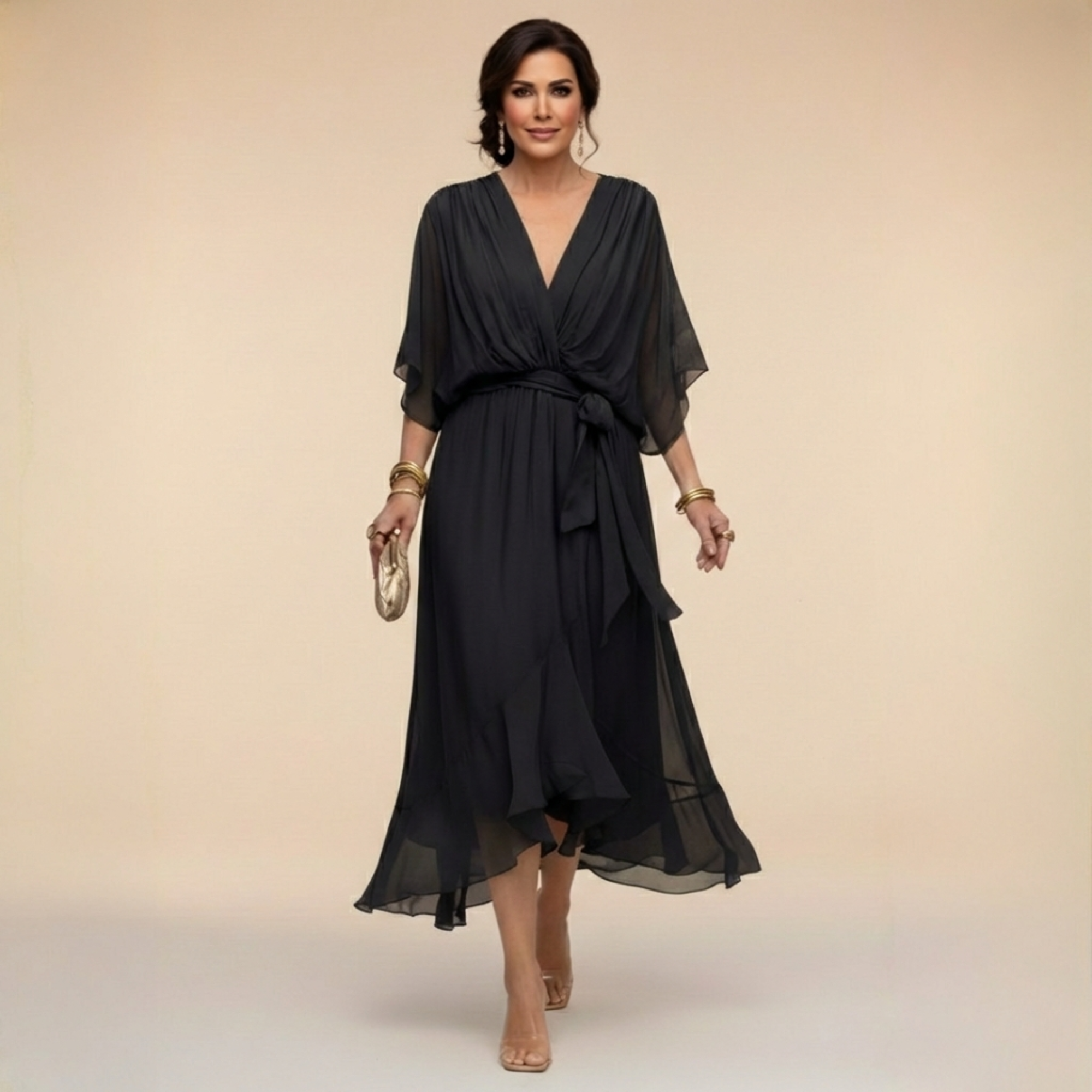 Celeste - Flowy Kimono Sleeve Wrap Midi Dress