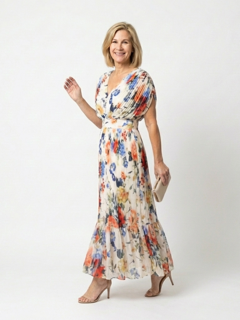 Savannah | Floral Pleated Short Sleeve Midi Dress