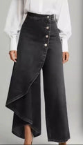 Unique Straight-leg Pants Fashion Large Ruffled Buttons Trousers Women's Faux Jeans Clothing