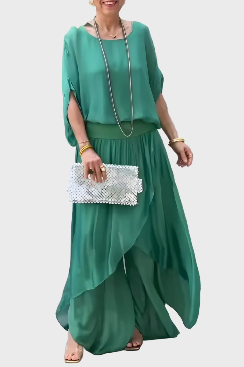 Wide Top and Ripped Pants – Two-Piece Chiffon Skirt