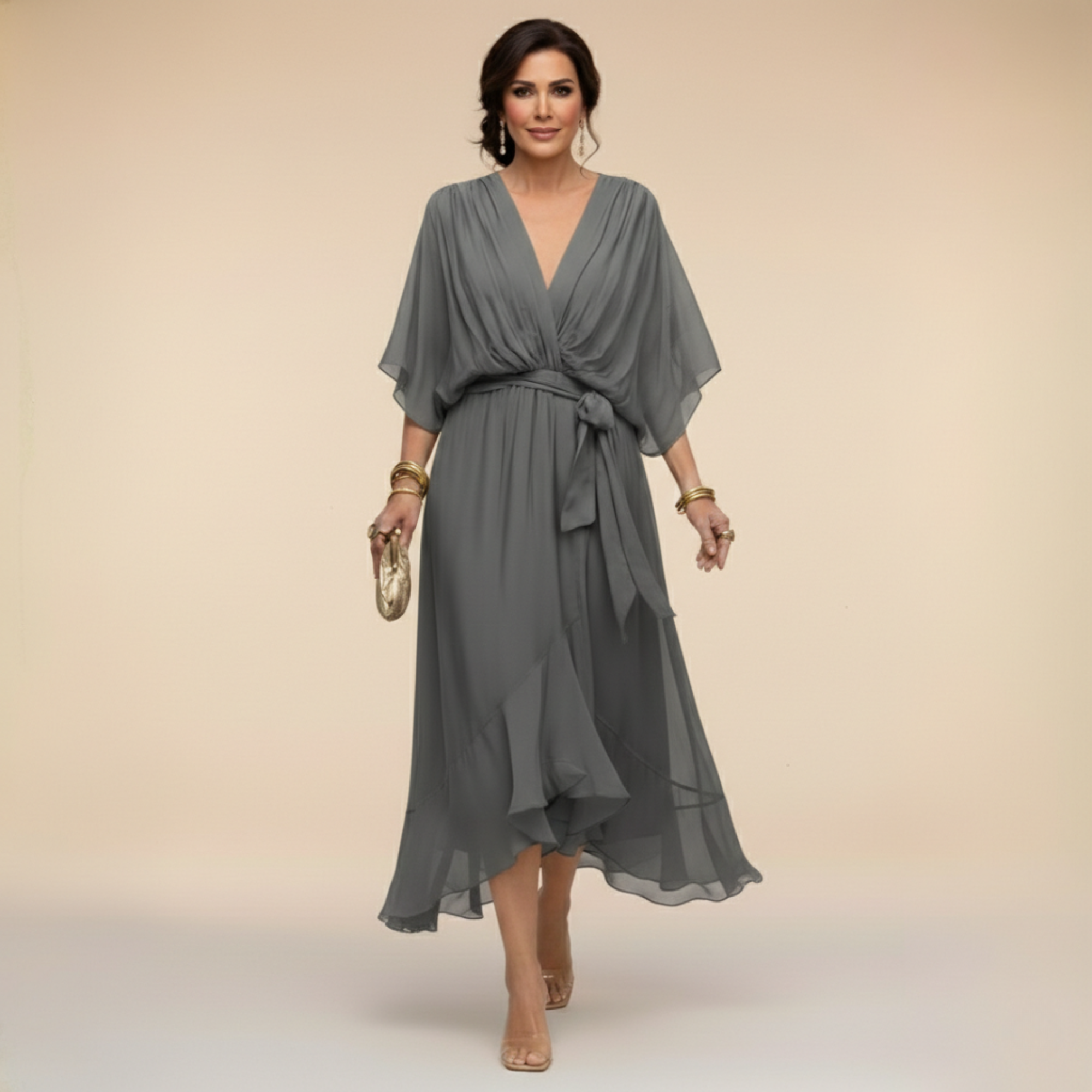 Celeste - Flowy Kimono Sleeve Wrap Midi Dress
