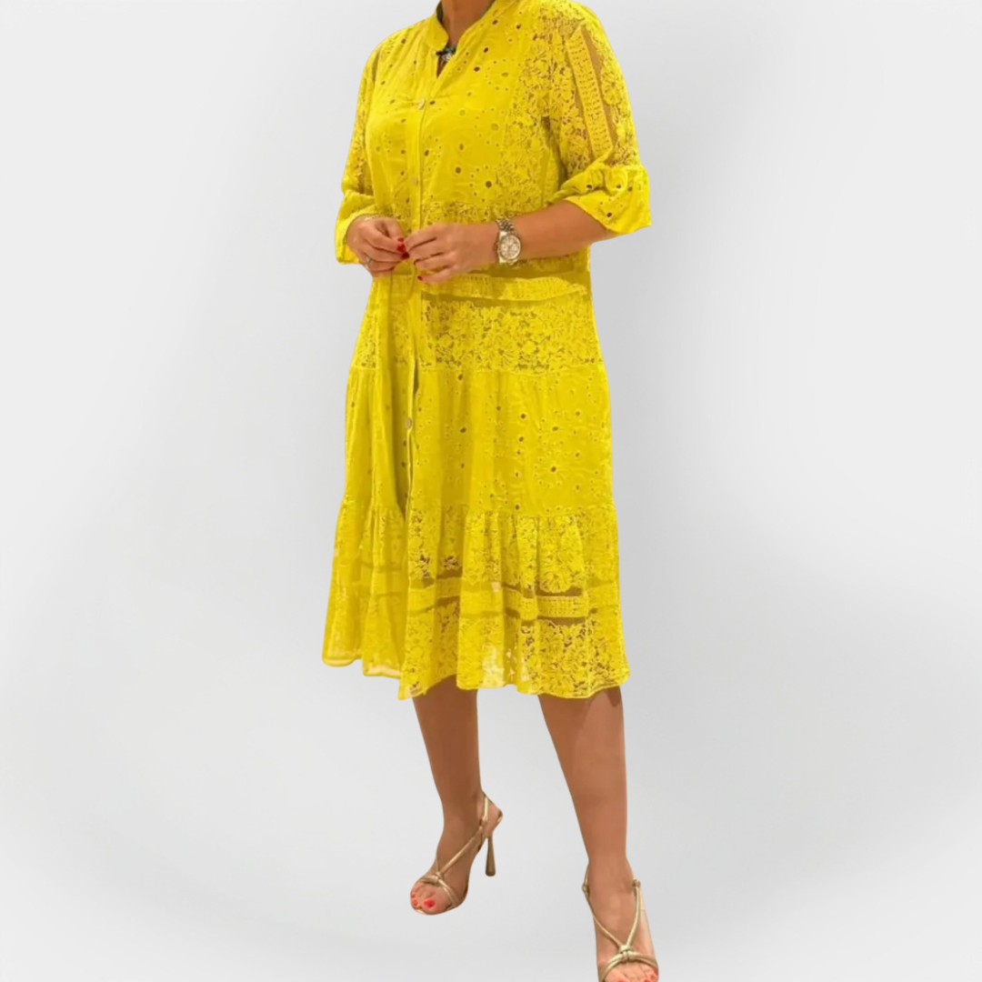 Dress with Lace, Sleeves, and Front Buttons
