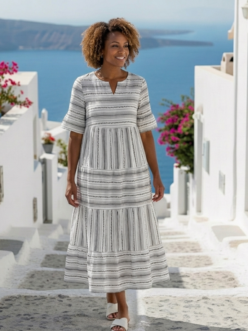 Parisa | Rochie midi cu mâneci scurte și dungi