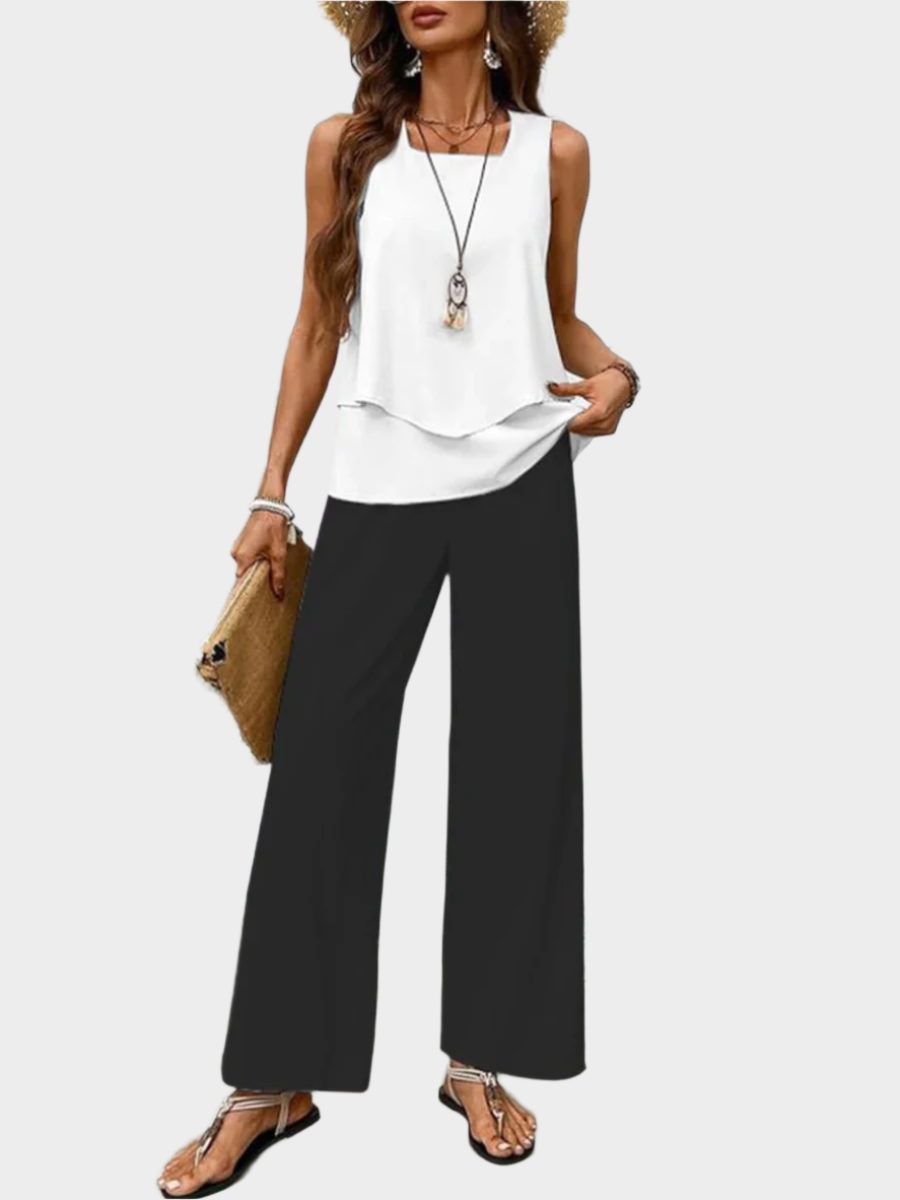 Summer Set with Sleeveless Sweater and Flared Pants with Print