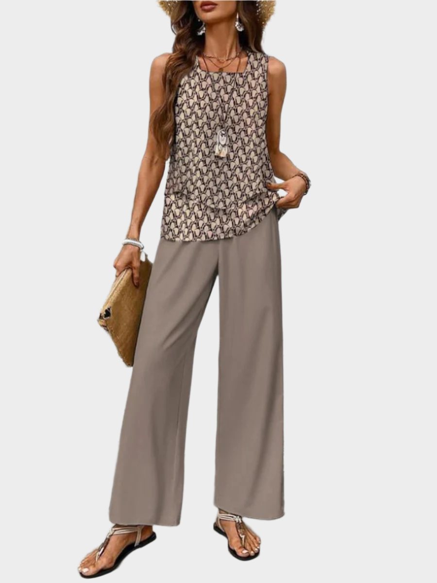 Summer Set with Sleeveless Sweater and Flared Pants with Print