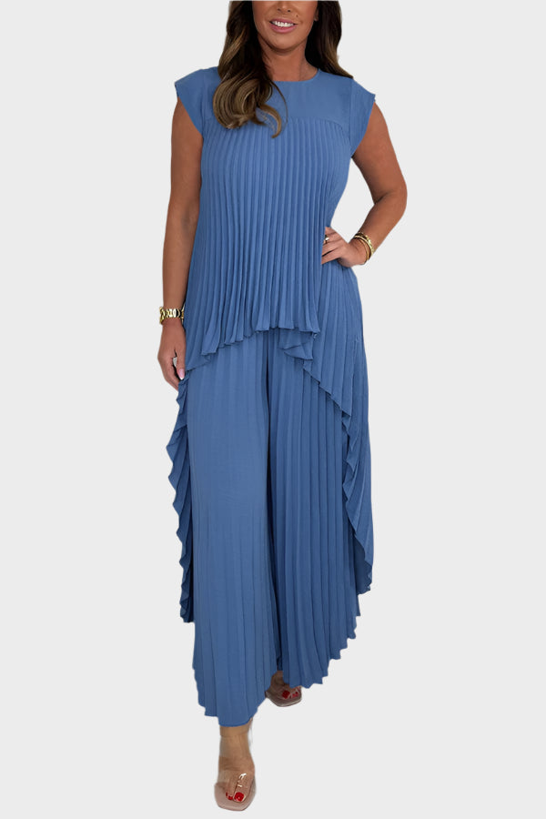 Jumpsuit with Pleated Top, Short Sleeves, and Irregular Midi Length, Pants with Wide Bottoms and Elastic Waist