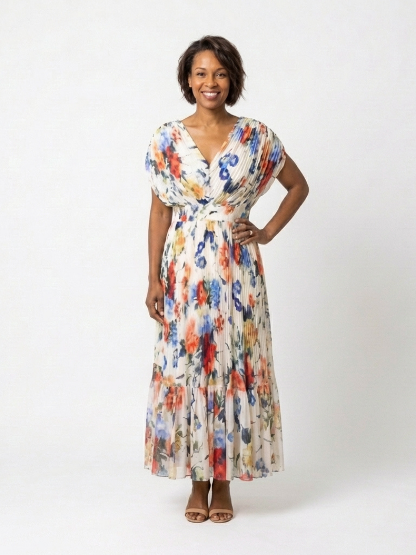 Savannah | Floral Pleated Short Sleeve Midi Dress