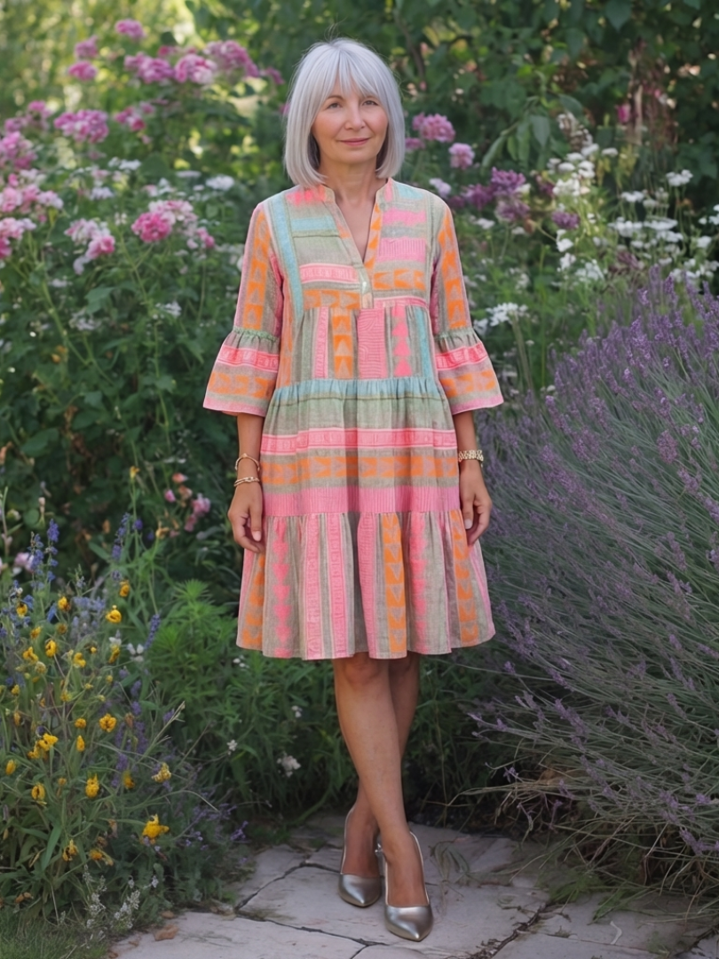 Maelle | Geometric Print V-Neck Knee-Length Dress