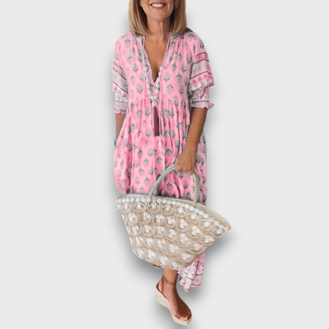 Boho Dress with 3/4 Sleeves and V-Neck with Decorative Ties
