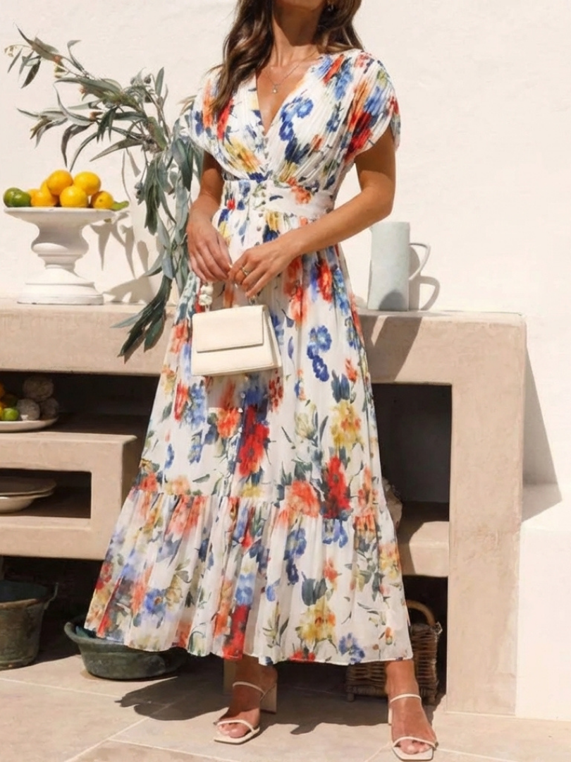 Savannah | Floral Pleated Short Sleeve Midi Dress