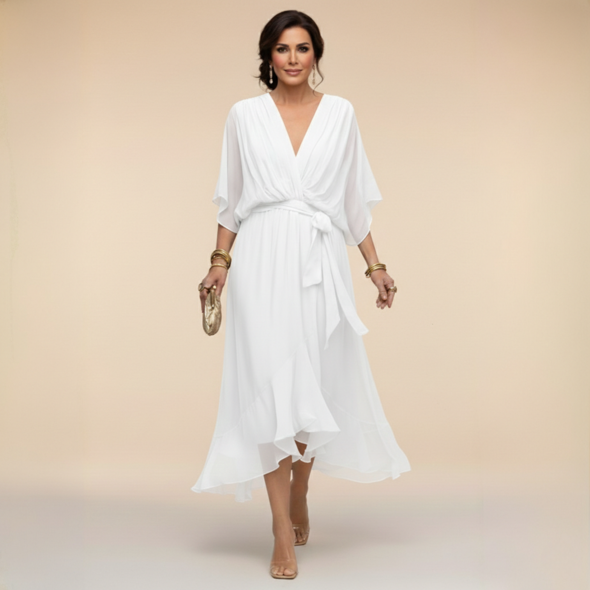 Celeste - Flowy Kimono Sleeve Wrap Midi Dress