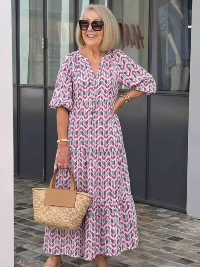 Mireya | Geometric Print Long Sleeve Midi Dress